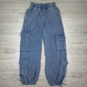 Banjara Women's Cargo Pants Double Gauze Cotton Blue XS Elastic Waist Pockets